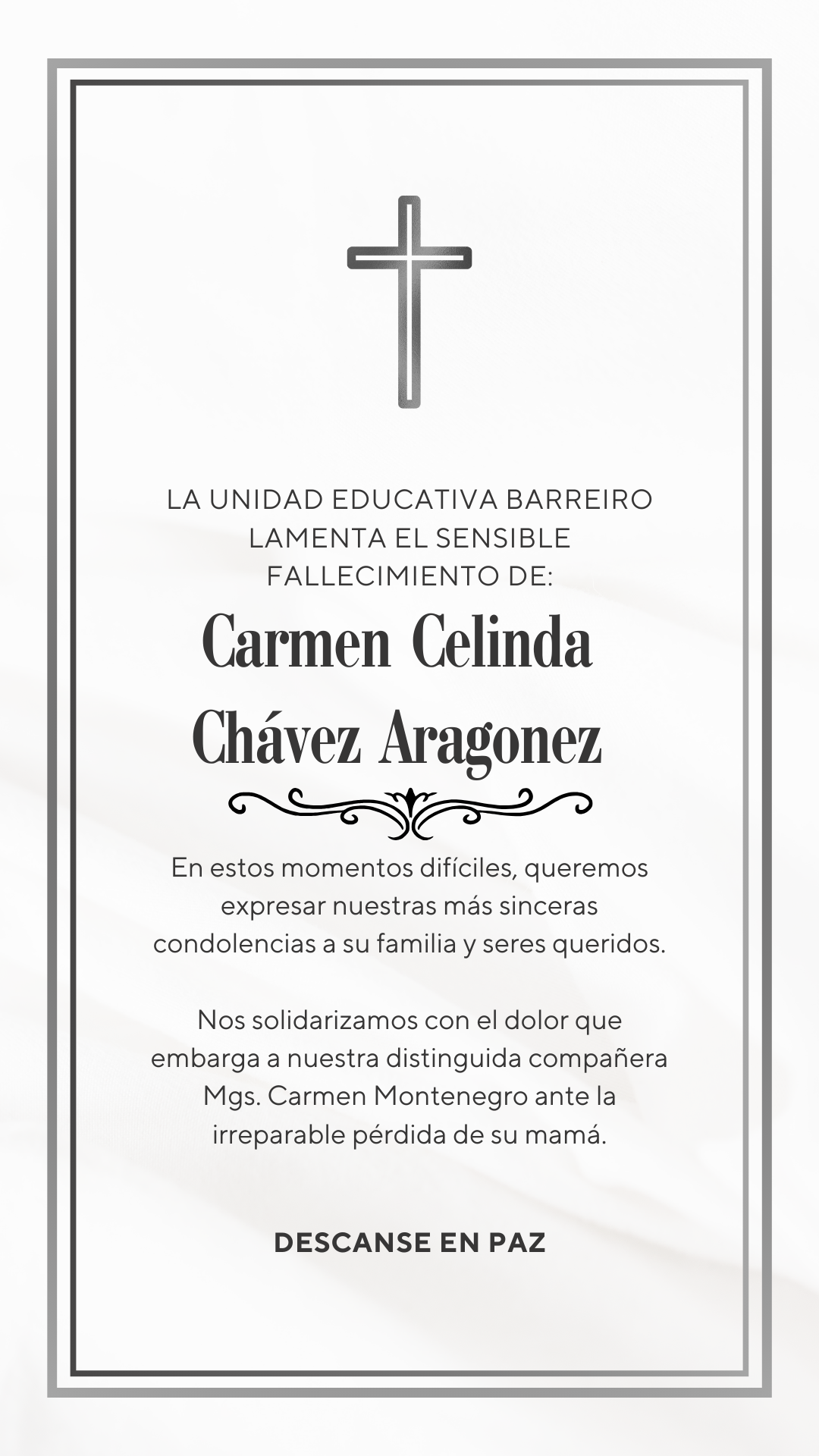 Condolencia a la compañera Mgs Carmen Montenegro