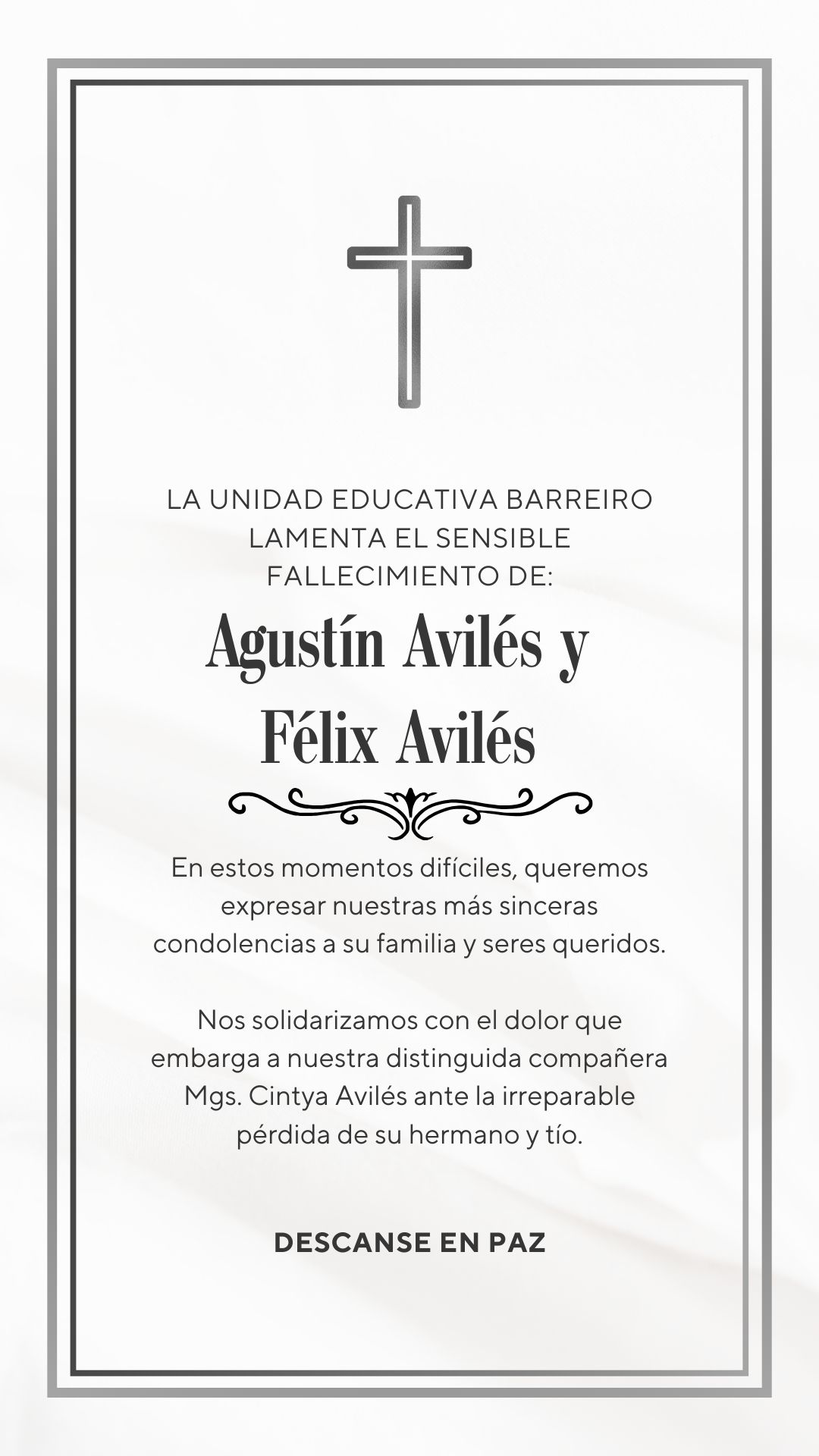 Condolencias a la Mgs Cintya Avilés