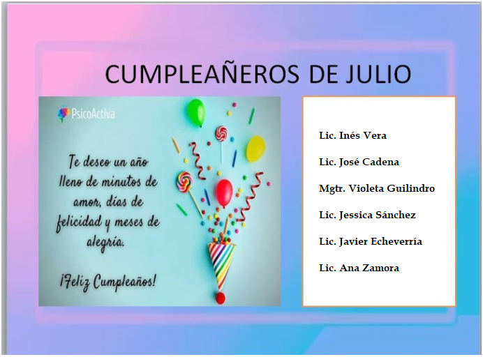 CUMPLEAÑEROS DEL MES DE JULIO